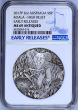 Load image into Gallery viewer, 2017 P AUSTRALIA Koala HIGH RELIEF ANTIQUED 2 Oz Silver $2 COIN NGC MS69 ER
