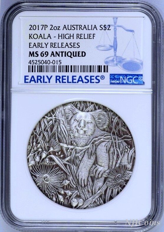 2017 P AUSTRALIA Koala HIGH RELIEF ANTIQUED 2 Oz Silver $2 COIN NGC MS69 ER