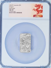 Load image into Gallery viewer, 2022 Dragon 1oz .9999 Silver Rectangular $1 Dollar Bar COIN NGC MS 70 Dragon LB
