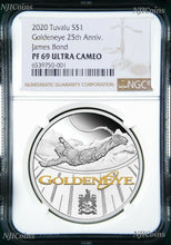 Load image into Gallery viewer, 2020 James Bond 007 Goldeneye .9999 SILVER PROOF $1 1oz COIN NGC PF69 BR LB
