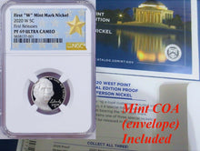 Load image into Gallery viewer, 2020 W First &quot;W&quot; Mint Mark Nickel First Releases NGC PF69 Ultra Cameo Star Label
