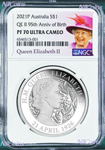 Load image into Gallery viewer, 2021 QUEEN ELIZABETH 95th Birthday Silver $1 Proof coin NGC PF70 UC Portrait LB
