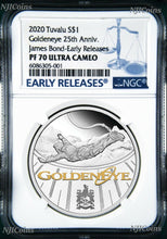 Load image into Gallery viewer, 2020 James Bond 007 Goldeneye .9999 SILVER PROOF $1 1oz COIN NGC PF70 ER
