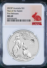 Load image into Gallery viewer, 2023 Australia 9999 Bullion Silver Lunar Year of the RABBIT NGC MS69 1oz $1 Coin
