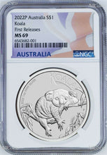 Load image into Gallery viewer, 2022 P Australia Silver Koala NGC MS 69 $1 1 oz Coin Blue FR Flag Label
