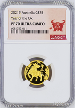 Load image into Gallery viewer, 2021 P Australia PROOF GOLD $25 Lunar Year of the Ox NGC PF70 1/4 oz Coin
