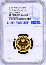 Load image into Gallery viewer, 2018 Australia Sovereign 1/4 oz GOLD $25 coin NGC PF70 UC ER with OGP
