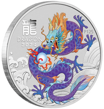 Load image into Gallery viewer, 2024 Australia Purple BU Lunar Year of the Dragon 1oz Silver $1 Coin In Card
