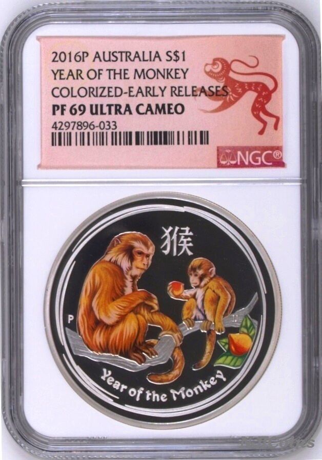 2016 P Australia PROOF COLORIZED Silver Lunar Year of Monkey NGC PF69 1oz Coin