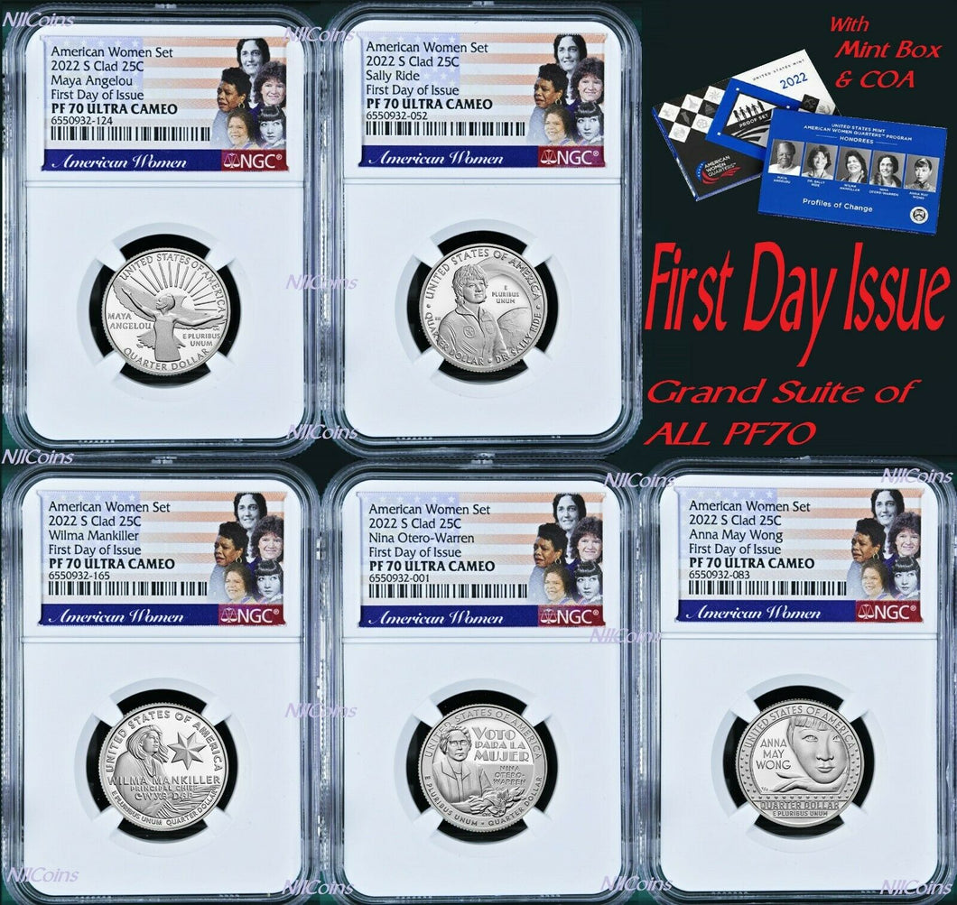 First Day of Issue 5-coin PF70 Set 2022S NGC American Women CLAD QUARTER w/COA