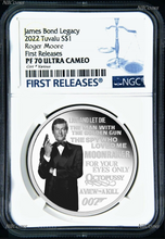 Load image into Gallery viewer, 2022 James Bond Legacy 2nd Issue Roger Moore SILVER PROOF $1 1oz COIN NGC PF70 F
