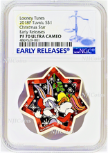 Load image into Gallery viewer, 2018 Looney Tunes Christmas Tree Star Shaped 1oz Silver $1 coin NGC PF70 ER
