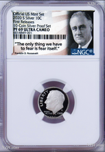 Load image into Gallery viewer, 2020 S Proof 10C Silver Dime NGC PF69 UCAMEO in 10-coin-set Roosevelt label FR
