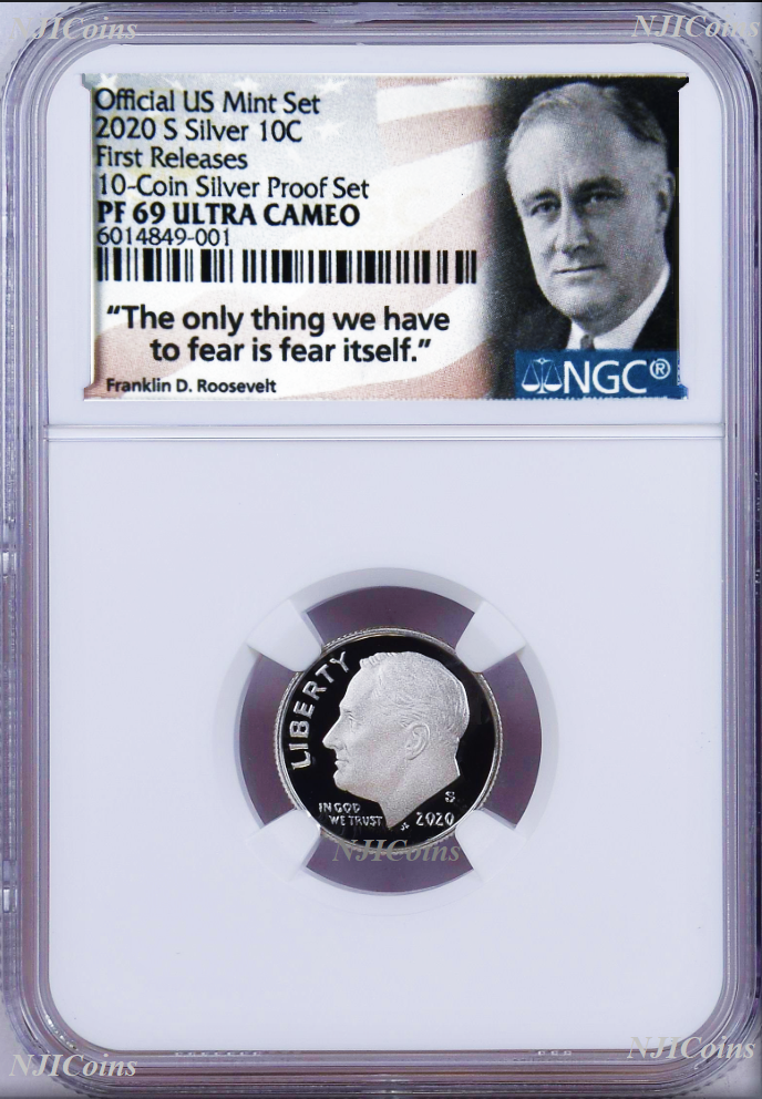 2020 S Proof 10C Silver Dime NGC PF69 UCAMEO in 10-coin-set Roosevelt label FR