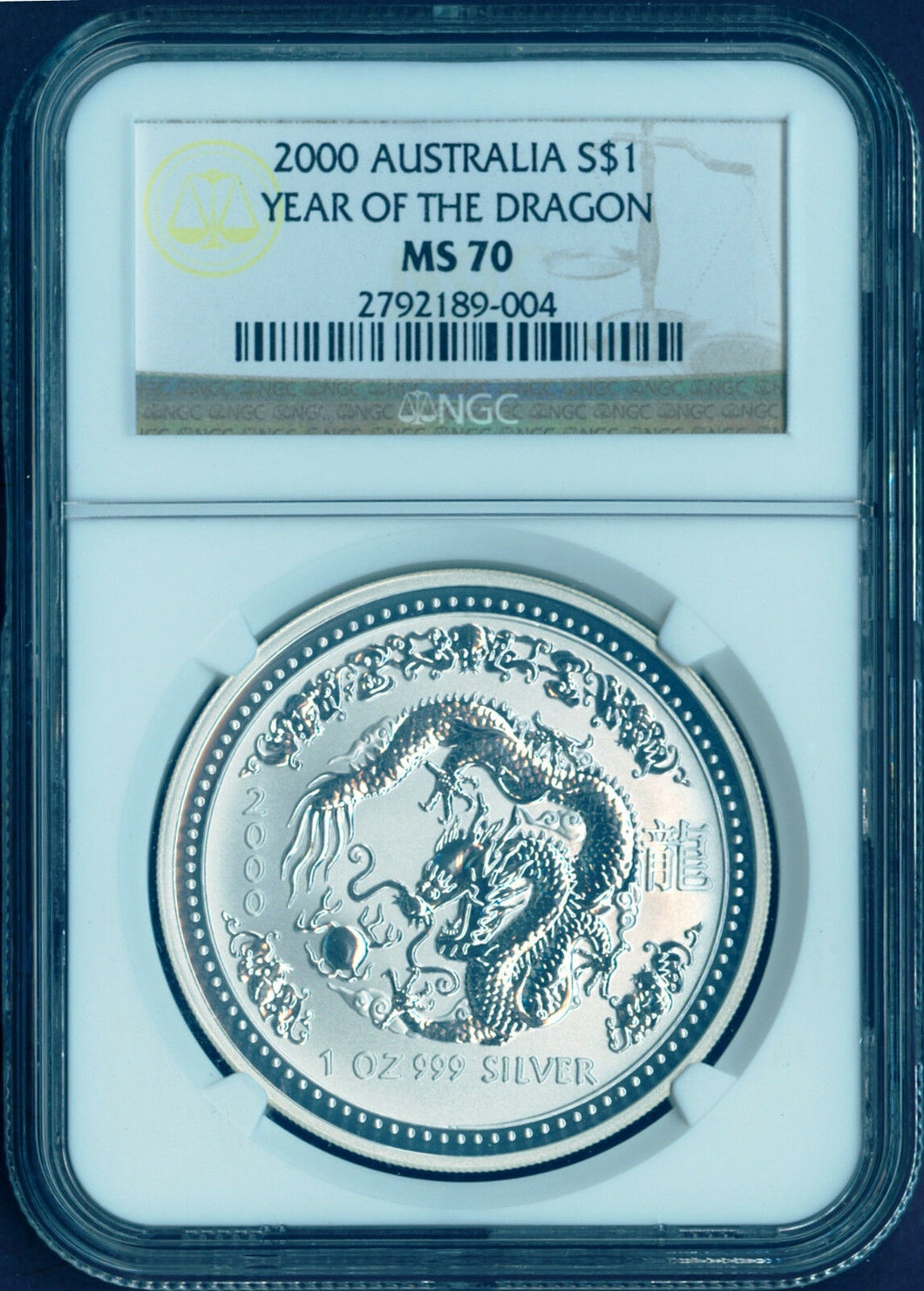 PERFECT 2000 P AUSTRALIA YEAR OF THE DRAGON 1 oz Bullion Coin NGC MS70