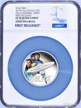 Load image into Gallery viewer, 2019 Star Trek ENTERPRISE &amp; CREW 2oz Silver $2 Coin NGC PF70 FR 1,250 Mintage
