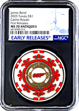 Load image into Gallery viewer, 2023 Royal Casino CHIP Antiqued SILVER $1 1oz COIN NGC MS70 James Bond 007 BLACK
