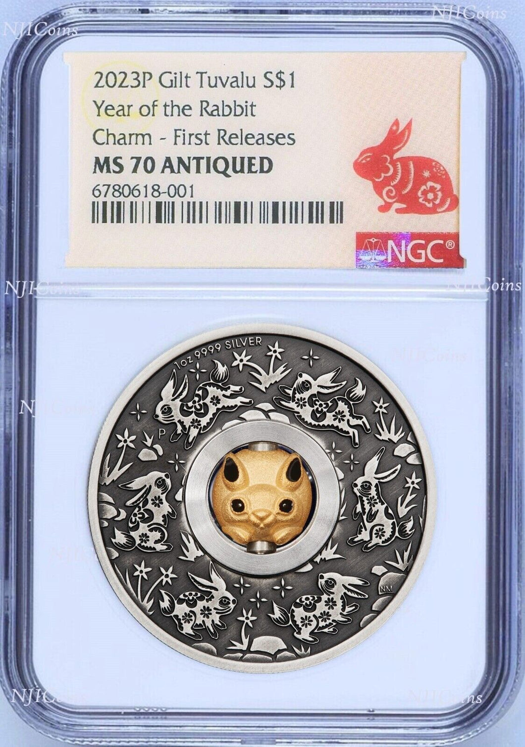 2023 LUNAR Year of Rabbit 1oz $1 Silver Rotating Charm Antiqued Coin NGC MS70 FR