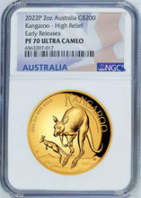 Load image into Gallery viewer, 2022 Australian High Relief Proof Kangaroo $200 NGC PF70 .9999 2oz GOLD Coin ER
