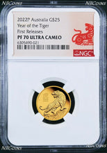 Load image into Gallery viewer, 2022 P Australia PROOF GOLD $25 Lunar Year of the Tiger NGC PF70 1/4 oz Coin FR
