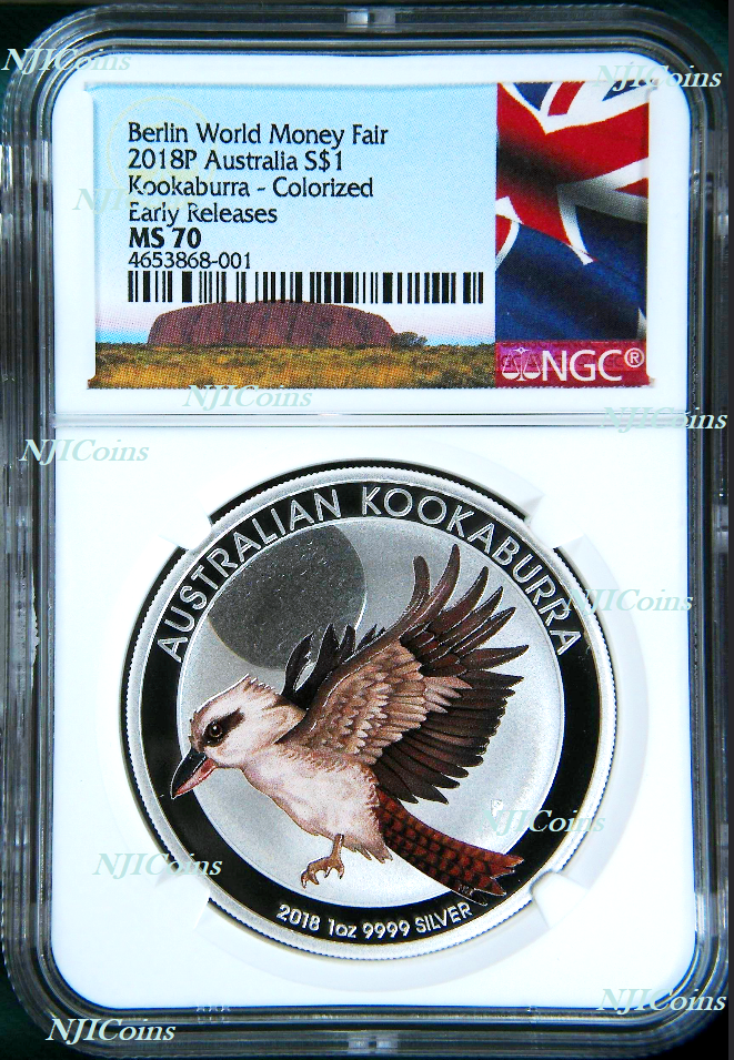 2018 P Berlin Show Australia COLORED Kookaburra Silver NGC MS 70 1oz $1 Coin ER