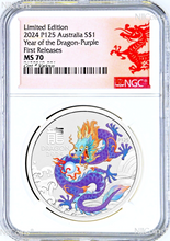 Load image into Gallery viewer, 2024 Australia Silver Lunar Year of the Dragon NGC MS70 1oz $1 Coin P125 PURPLE
