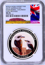 Load image into Gallery viewer, 2017 P Berlin Show Australia COLORED Kookaburra Silver NGC MS 70 1oz $1 Coin ER
