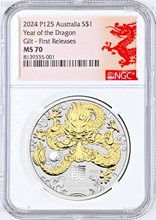 Load image into Gallery viewer, 2024 Australia GILDED Silver Lunar Year of the DRAGON NGC MS 70 1oz Coin FR GILT
