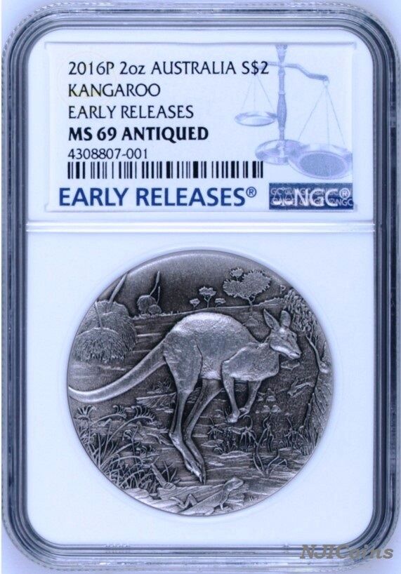 2016 P AUSTRALIA KANGAROO HIGH RELIEF ANTIQUED 2 Oz Silver $2 COIN NGC MS69 ER