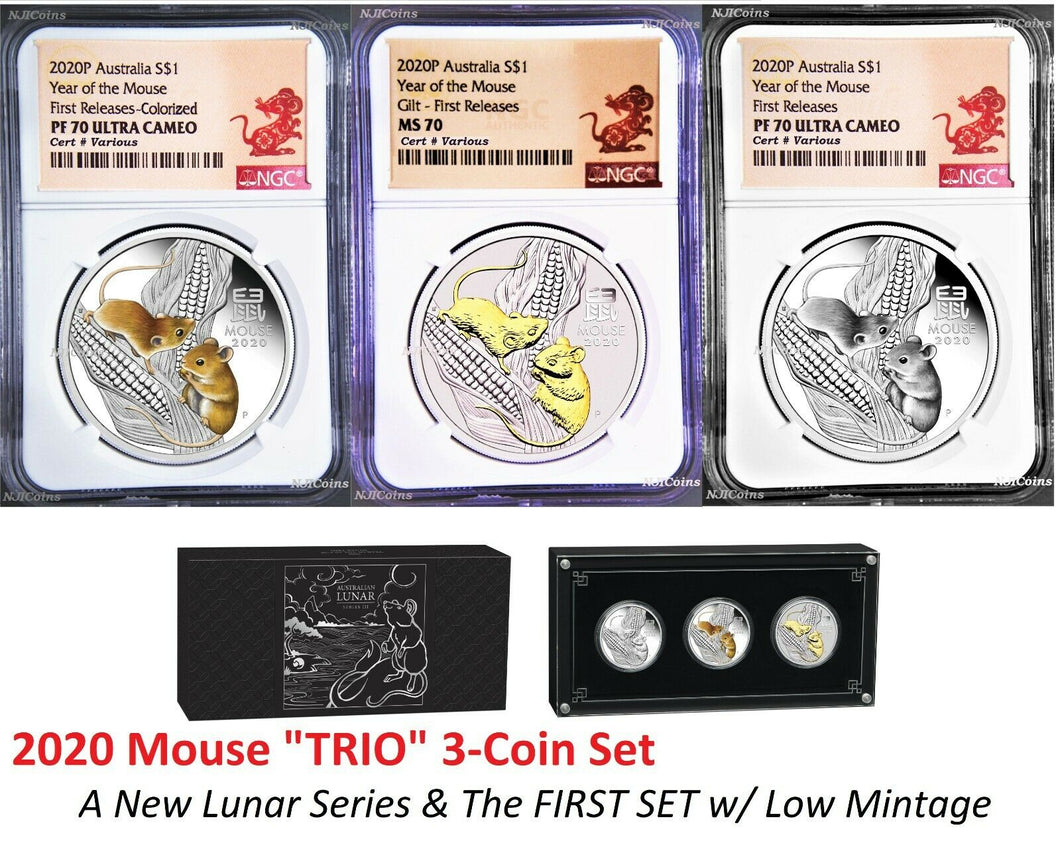 2020 3-Coin TRIO Set PROOF-Colored-Gilt Silver Lunar Year MOUSE NGC MS/PF70 3oz