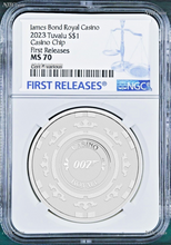 Load image into Gallery viewer, 2023 Royal Casino CASINO CHIP .9999 SILVER $1 1oz COIN NGC MS70 James Bond 007
