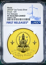 Load image into Gallery viewer, 2022 TUVALU Diwali Festival Hindu New Year Gift 1oz Silver Gilt NGC PF70 Medal
