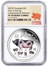 Load image into Gallery viewer, 2019 Australia Colored PROOF Silver Lunar Year of the PIG NGC PF70 1oz $1 Coin
