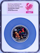 Load image into Gallery viewer, 2017 ANDA EXPO PROOF Colored Silver Lunar Year of the Rooster NGC PF69 2oz Coin
