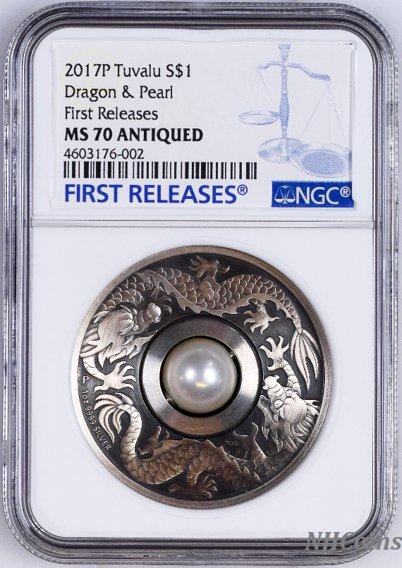 2017 P Tuvalu Dragon & Pearl ANTIQUED 1oz Silver $1 COIN NGC MS 70 FR