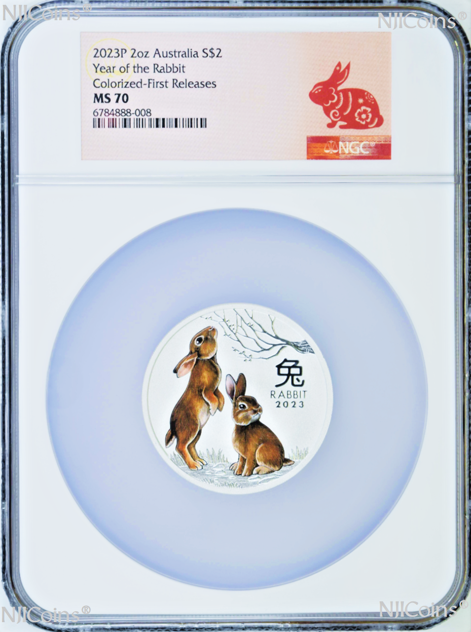 2023 P Australia Colored Silver Lunar Year of the Rabbit 2oz $2 Coin NGC MS70 FR