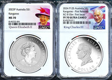 Load image into Gallery viewer, 2-Coin-Set Final Queen &amp; 1st KING CHARLES EFFIGY KANGAROO 1oz SILVER NGC PF/MS70
