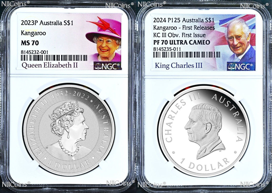 2-Coin-Set Final Queen & 1st KING CHARLES EFFIGY KANGAROO 1oz SILVER NGC PF/MS70