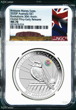 Load image into Gallery viewer, 2020 30th Ann. Kookaburra 1oz Silver Coin ORCHID Privy NGC MS70 ANDA ER Aus. LB
