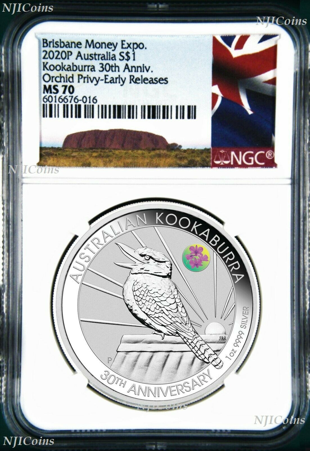 2020 30th Ann. Kookaburra 1oz Silver Coin ORCHID Privy NGC MS70 ANDA ER Aus. LB