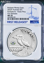 Load image into Gallery viewer, 2022 Kookaburra 1oz Silver Coin Koala Privy Brisbane Money Expo NGC MS70 ANDA FR
