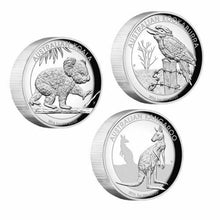 Load image into Gallery viewer, 2016 High Relief Australian Kookaburra Kangaroo Koala Proof Silver 3-Coin Set
