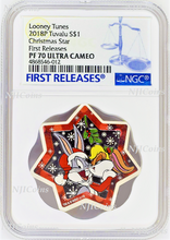 Load image into Gallery viewer, 2018 Looney Tunes Christmas Tree Star Shaped 1oz Silver Proof $1 coin NGC PF70
