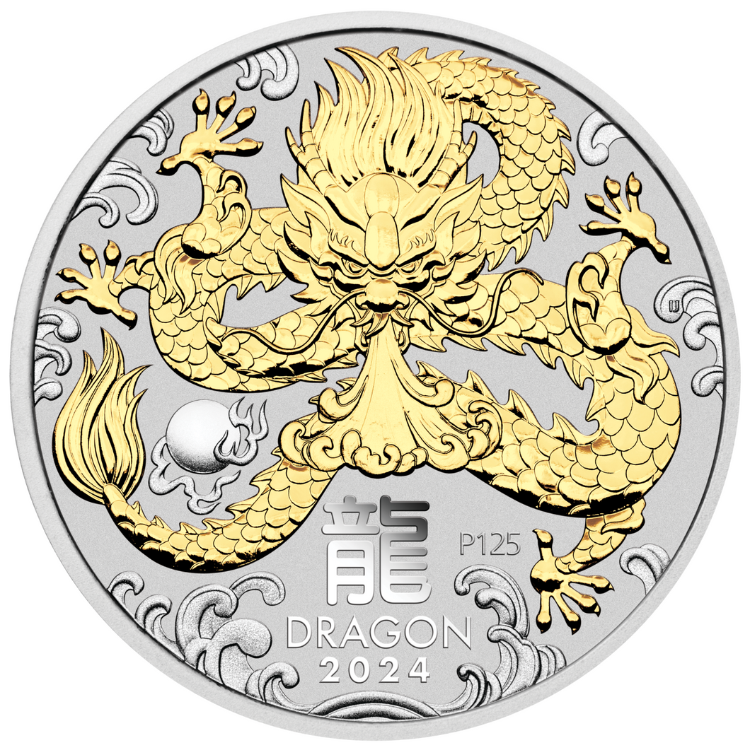 2024 Australia Lunar Year of the Dragon GILDED 1oz Silver $1 Coin w/OGP/BOX Gilt