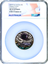 Load image into Gallery viewer, 2023 Ningaloo Eclipse 2oz Silver Antiqued Colored Coin NGC MS70 ER Flag Label
