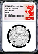 Load image into Gallery viewer, 2024 Lunar Year of the Dragon Australia .9999 Silver NGC MS70 1/2oz Coin &quot;P125&quot;
