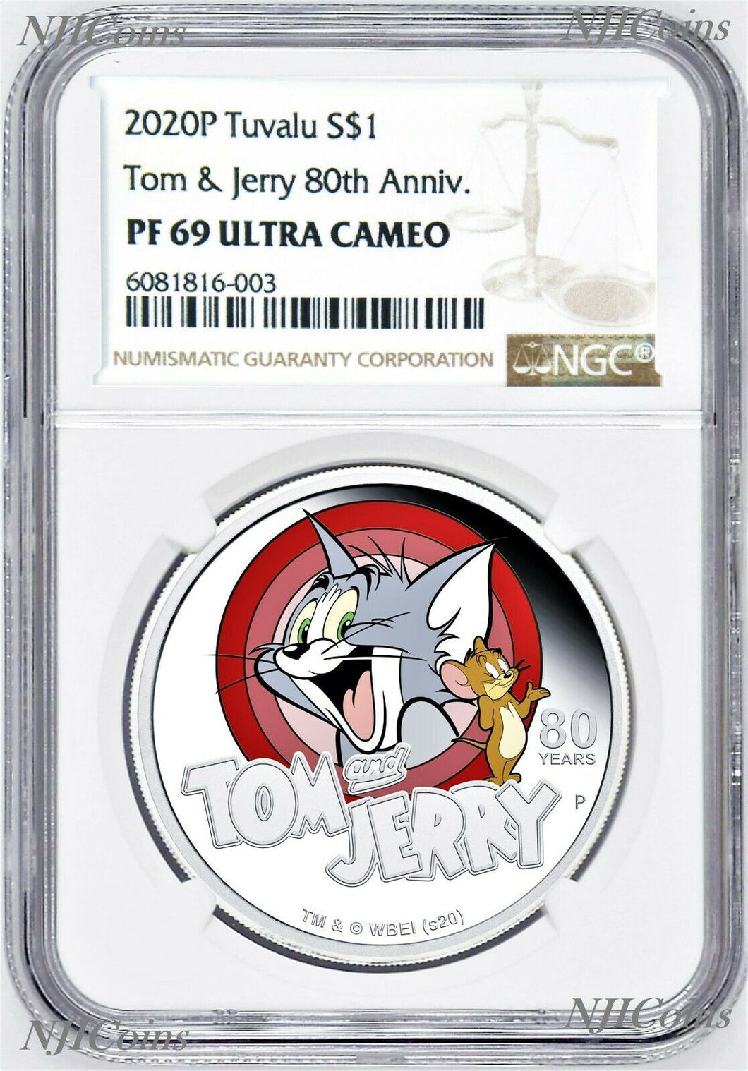 2020 TUVALU Tom & Jerry 80 Years SILVER PROOF $1 1oz COIN NGC PF69 UC Brown LB