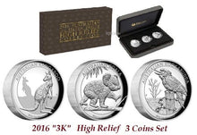 Load image into Gallery viewer, 2016 High Relief Australian Kookaburra Kangaroo Koala Proof Silver 3-Coin Set
