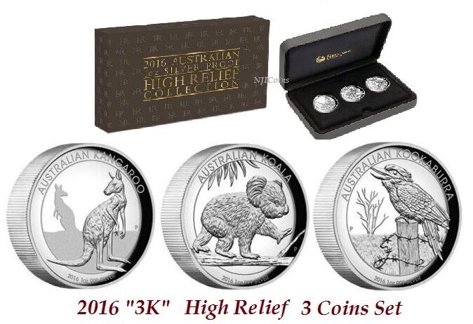 2016 High Relief Australian Kookaburra Kangaroo Koala Proof Silver 3-Coin Set