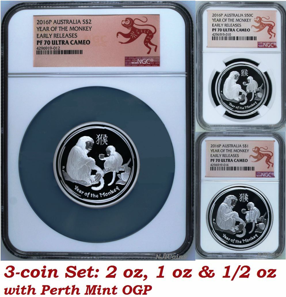 2016 P Australia PROOF Silver 3-Coin Set Lunar Year of the Monkey NGC PF 70 ER